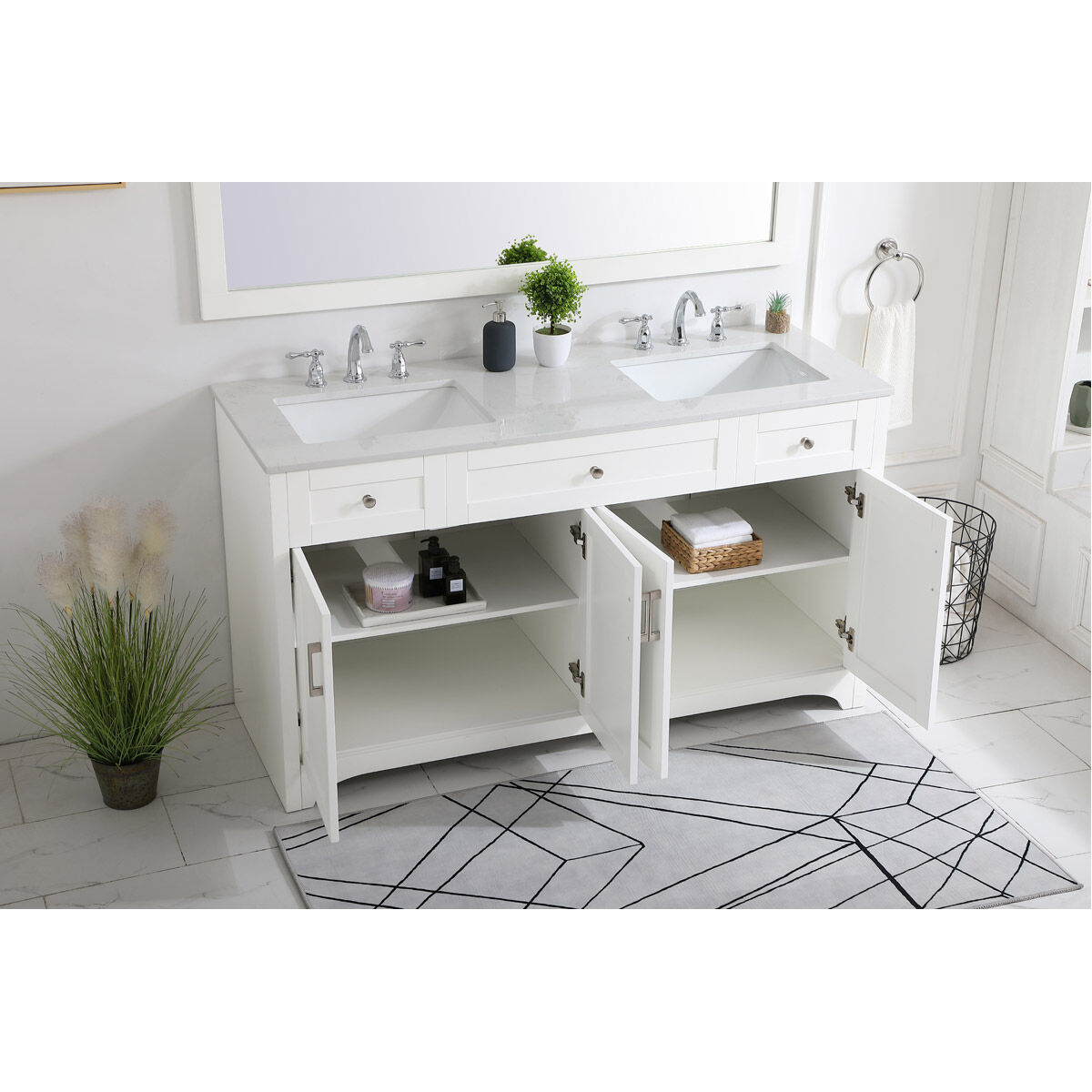 Moore 60 X 22 X 34 inch White and Brushed Nickel with Calacatta Quartz Vanity Sink Set