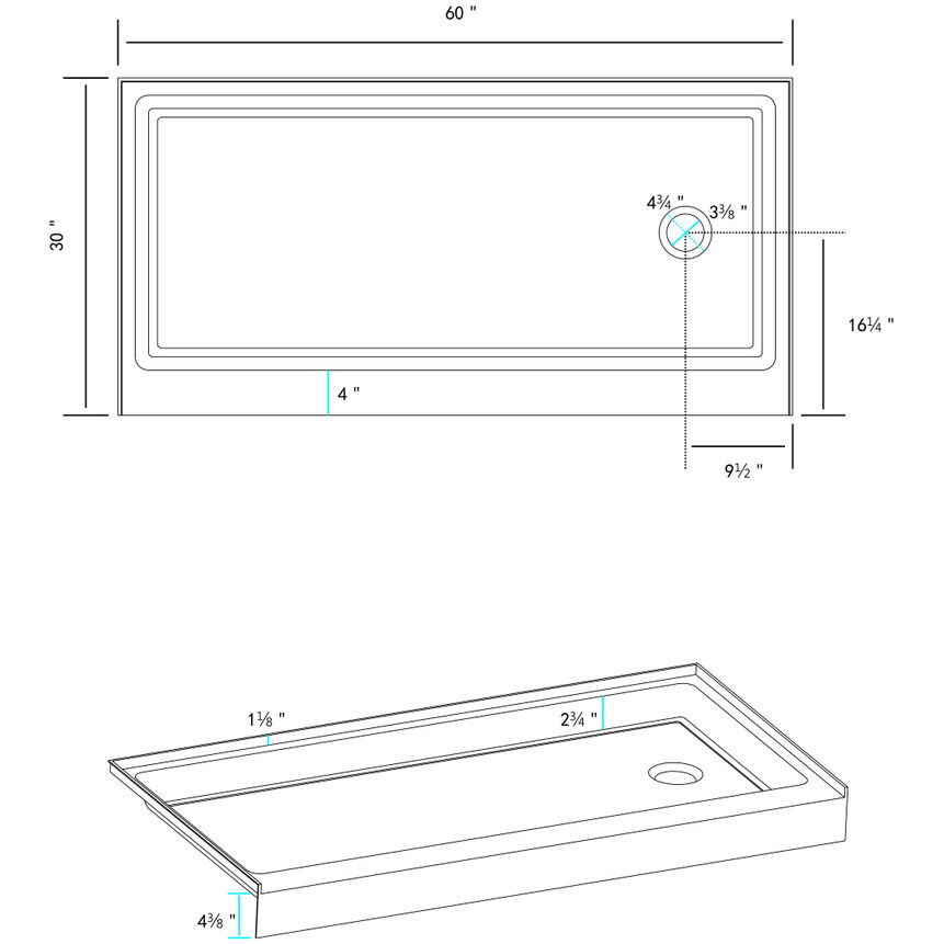 Laredo Glossy White Shower Base in 60 x 30 Right Drain