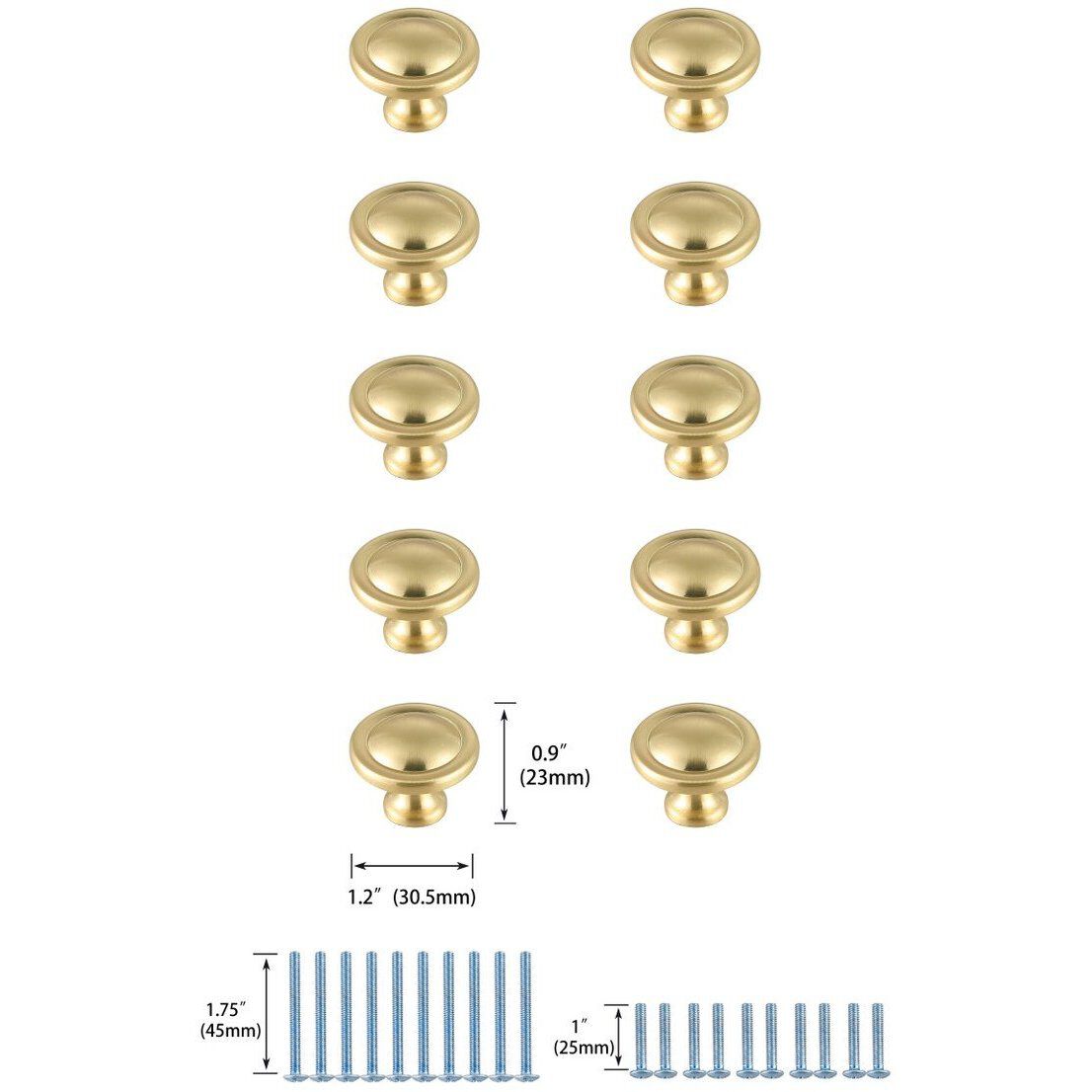 Garlande Brushed Gold Hardware Cabinet Knob, Set of 10