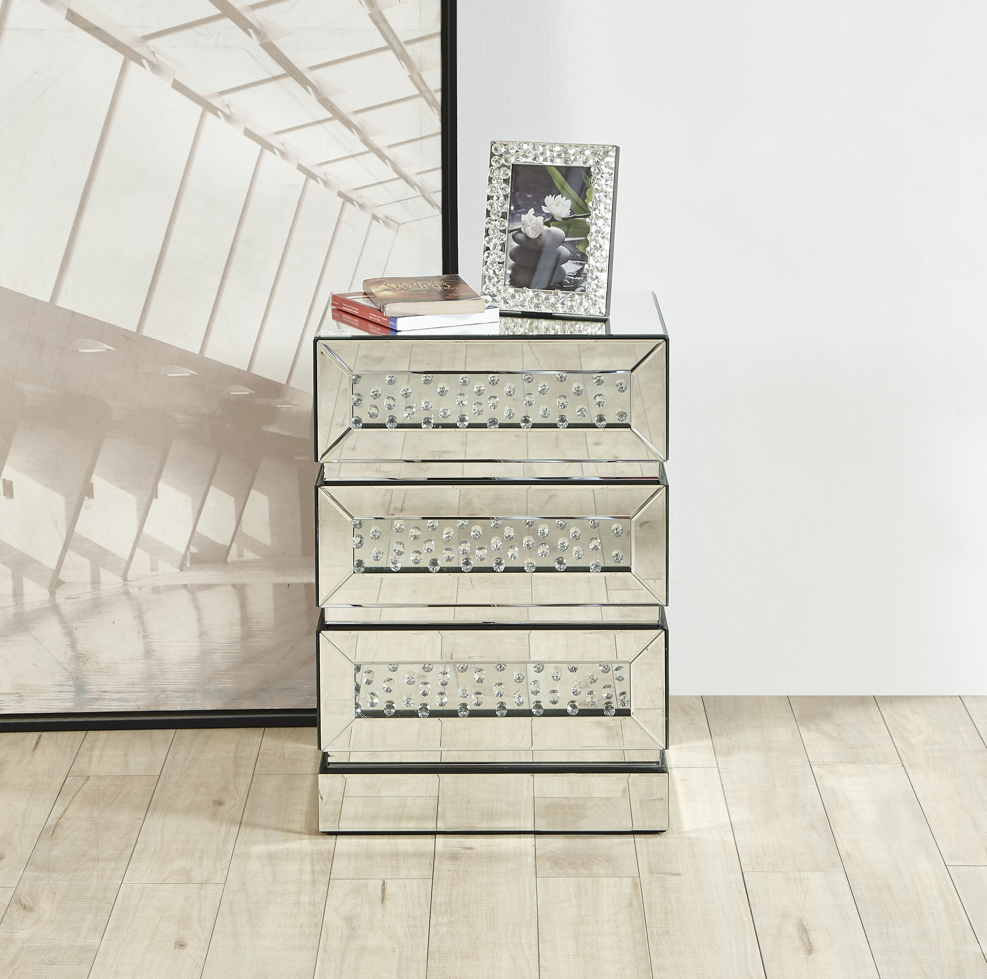 Modern 26 X 18 inch Clear Mirror and Crystal Bedside Table