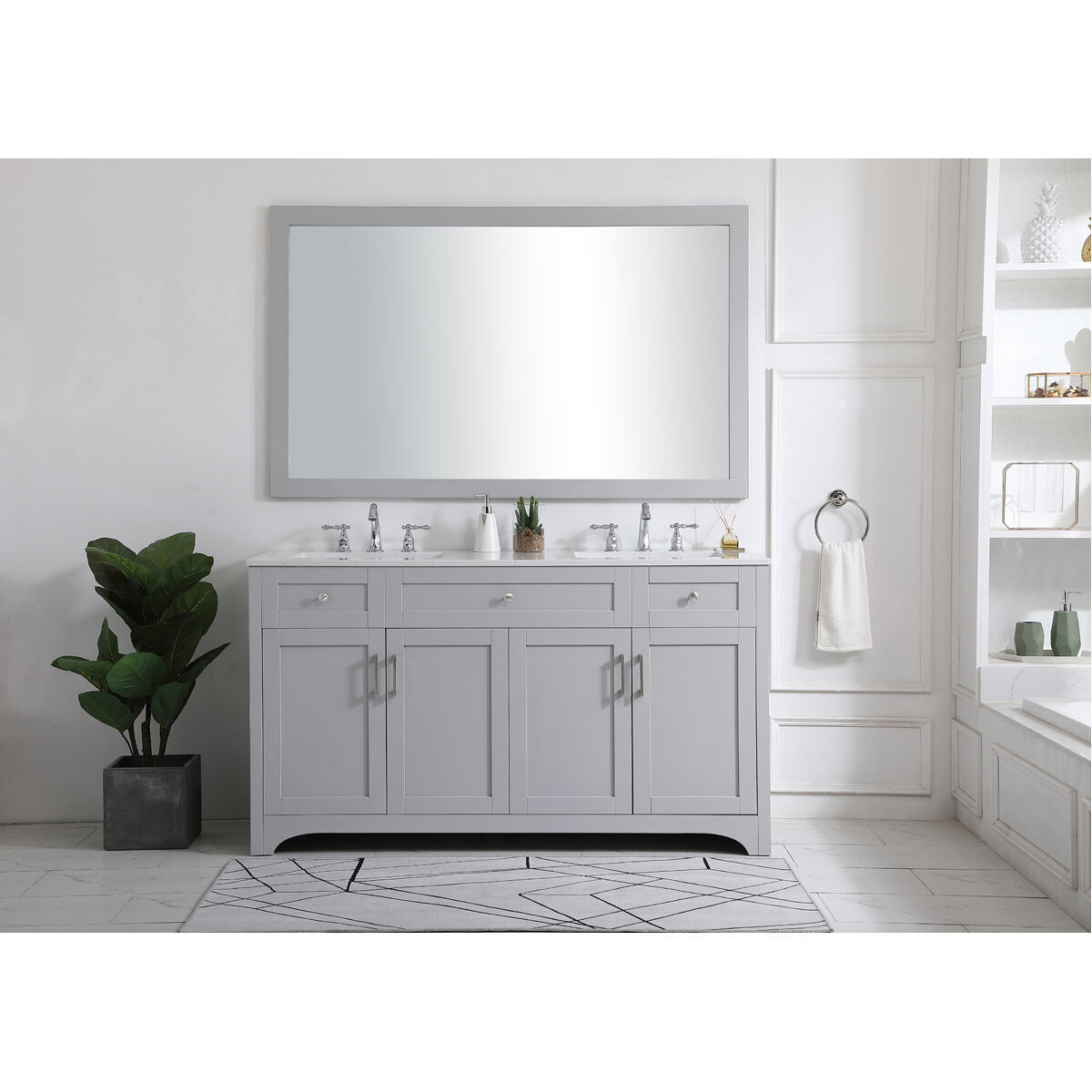 Moore 60 X 22 X 34 inch Grey and Brushed Nickel with Calacatta Quartz Vanity Sink Set