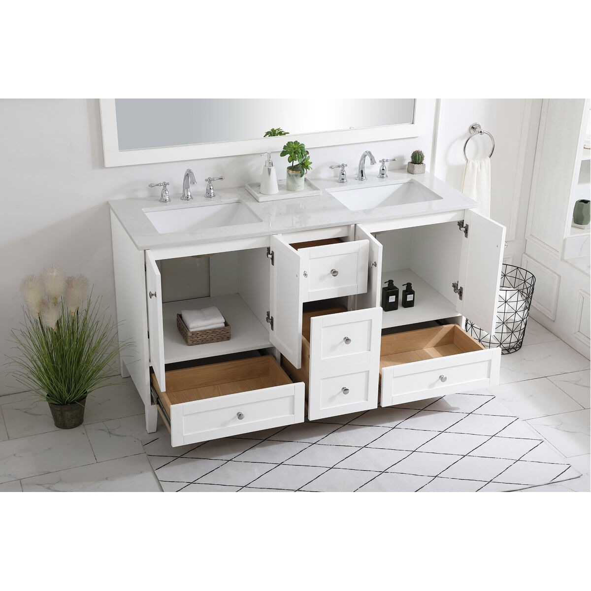 Sommerville 60 X 22 X 34 inch White and Brushed Nickel with Calacatta Quartz Vanity Sink Set