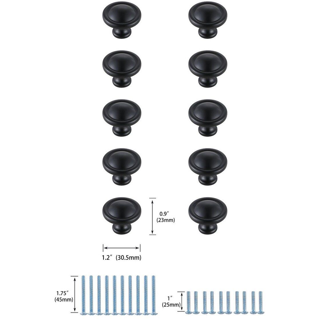 Garlande Matte Black Hardware Cabinet Knob, Set of 10