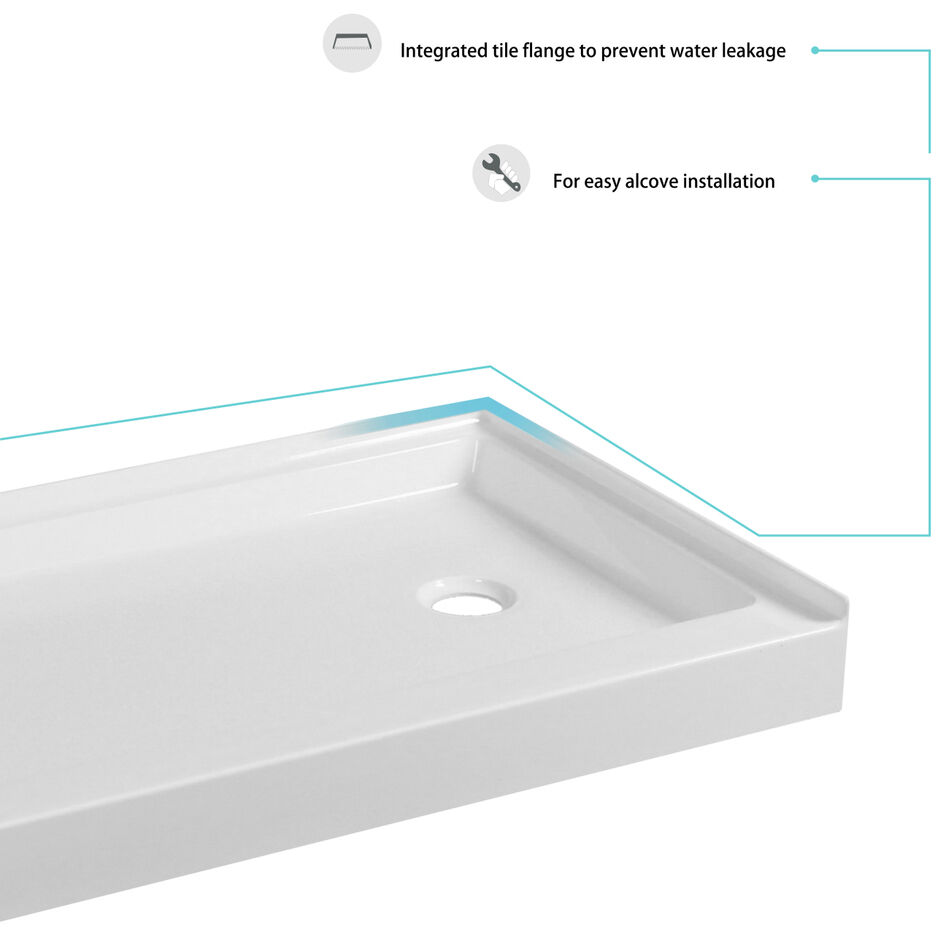 Laredo Glossy White Shower Base in 60 x 30 Right Drain