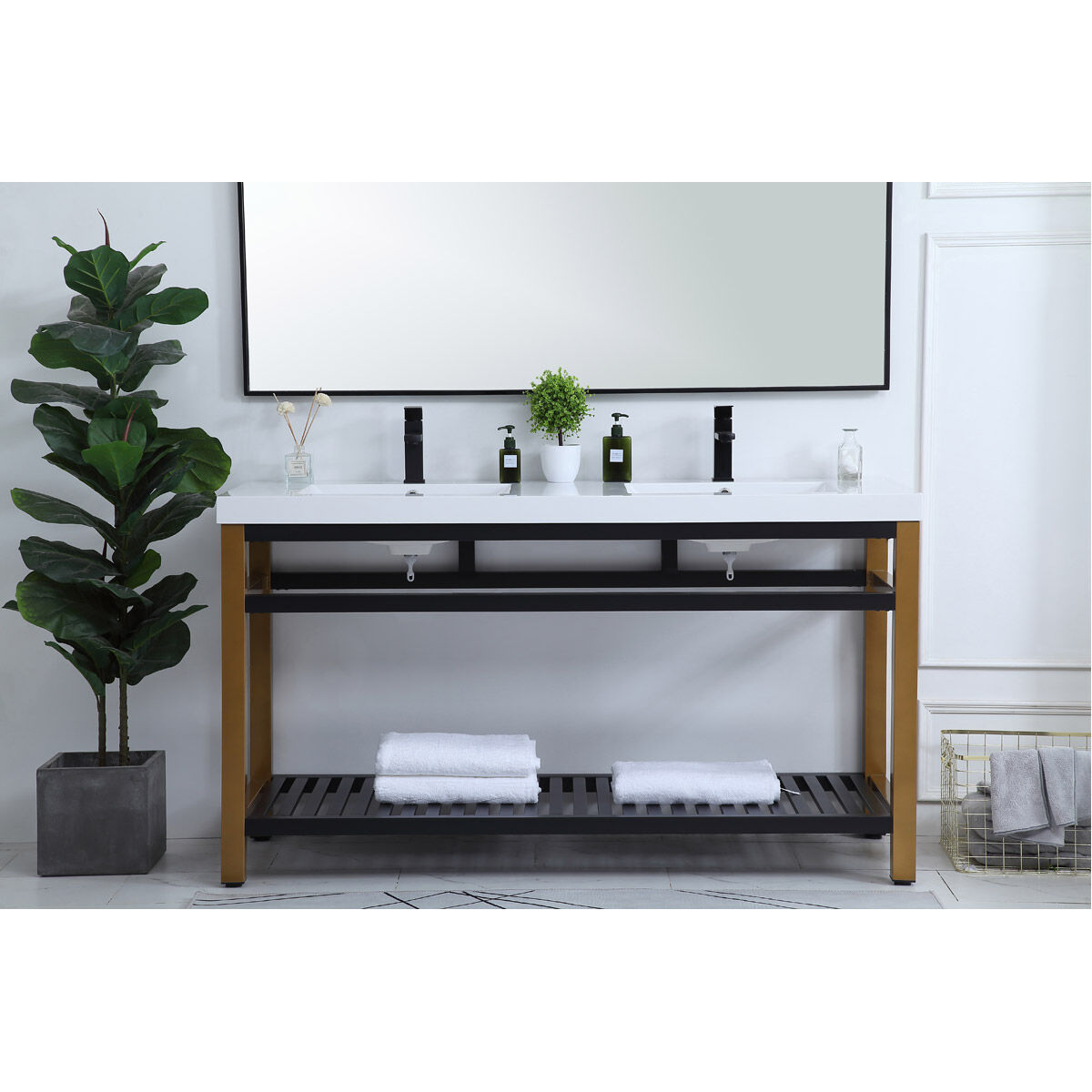 Raya 60 X 22 X 34 inch Gold and Black with White Vanity Sink Set