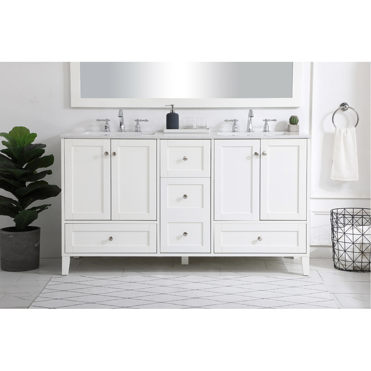 Sommerville 60 X 22 X 34 inch White and Brushed Nickel with Calacatta Quartz Vanity Sink Set