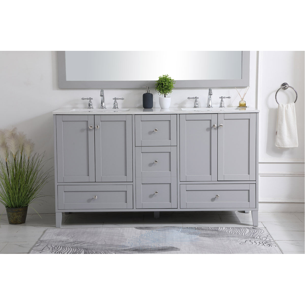 Sommerville 60 X 22 X 34 inch Grey and Brushed Nickel with Calacatta Quartz Vanity Sink Set