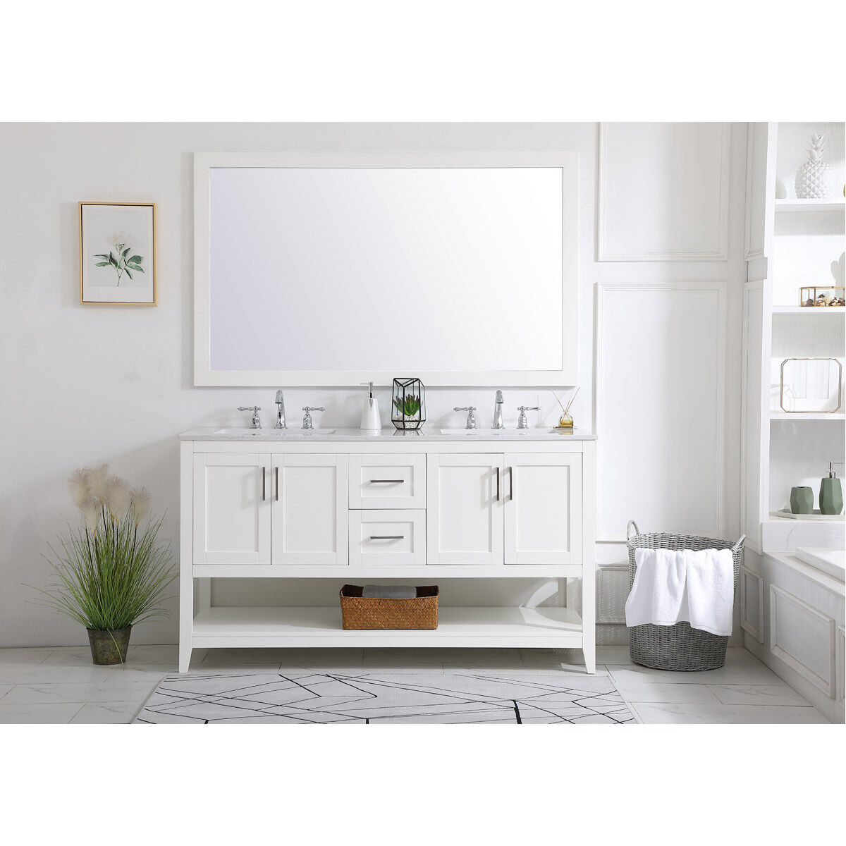 Aubrey 60 X 22 X 34 inch White and Brushed Nickel with Calacatta Quartz Vanity Sink Set
