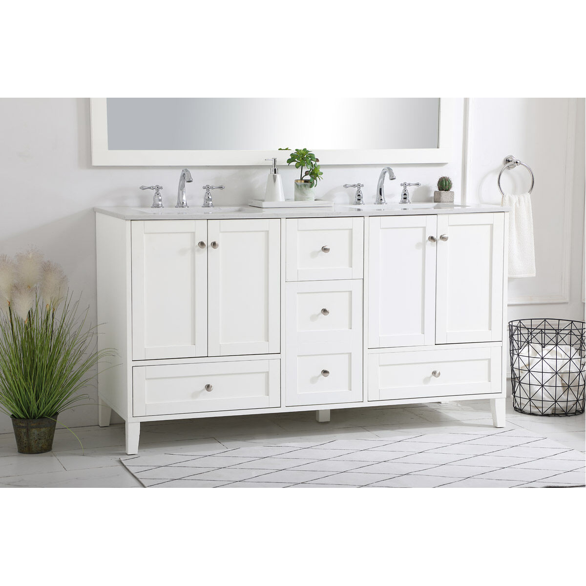 Sommerville 60 X 22 X 34 inch White and Brushed Nickel with Calacatta Quartz Vanity Sink Set