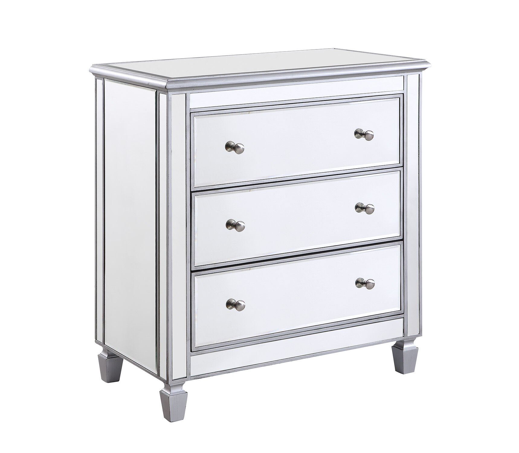 Contempo Silver Bedside Cabinet, 3-Drawer, Clear Mirror