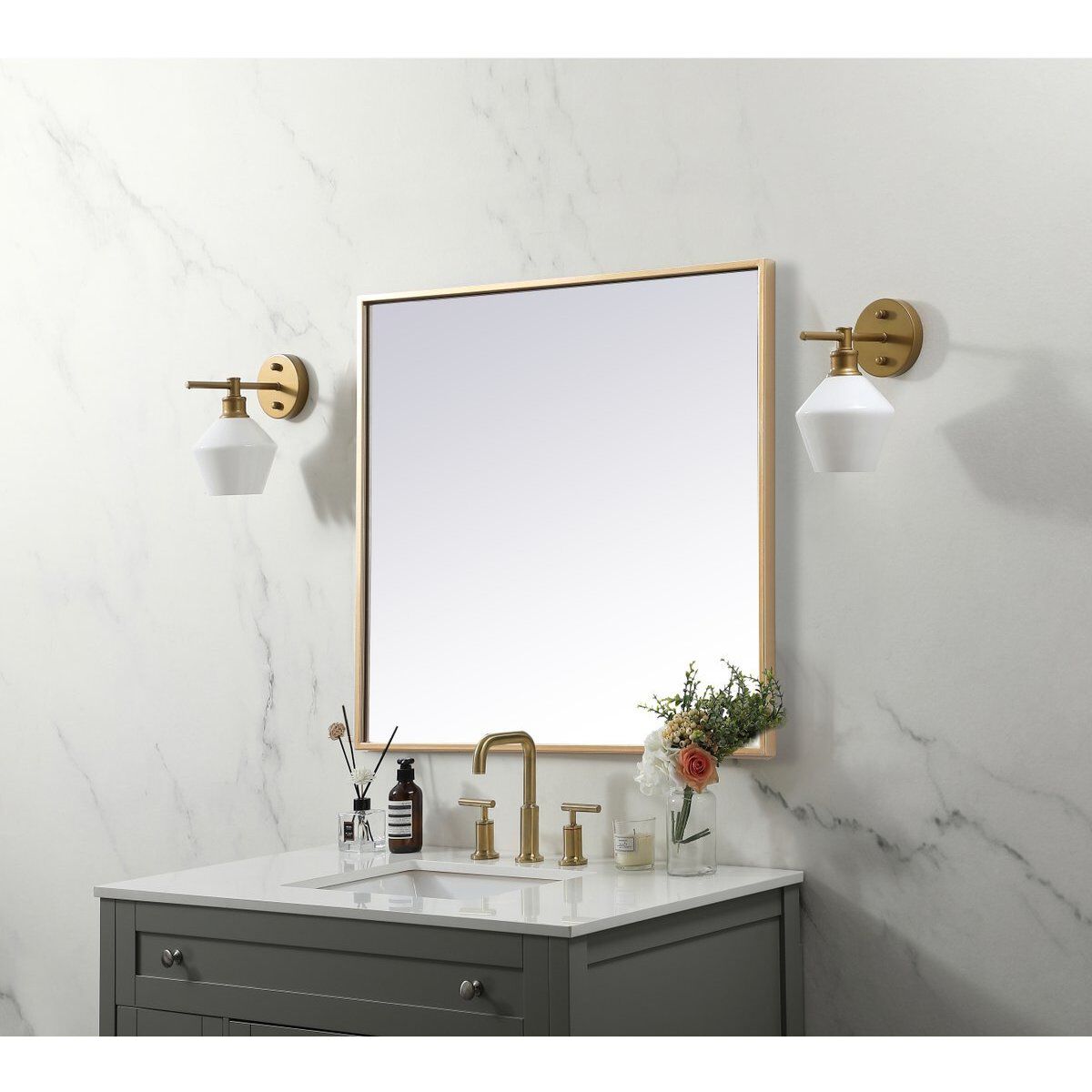 Elegant Metal Frame Square Mirror 24 in. in Brass MR42424BR