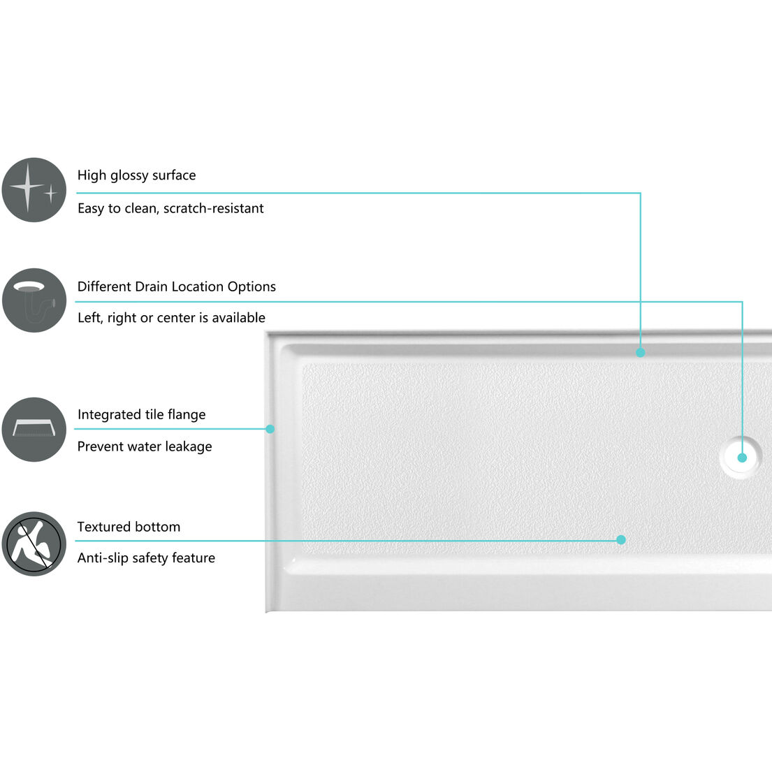 Laredo Glossy White Shower Base in 60 x 30 Right Drain