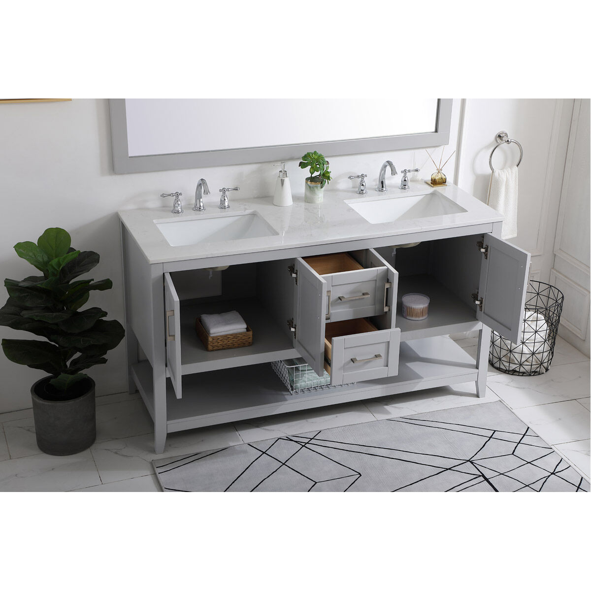 Aubrey 60 X 22 X 34 inch Grey and Brushed Nickel with Calacatta Quartz Vanity Sink Set