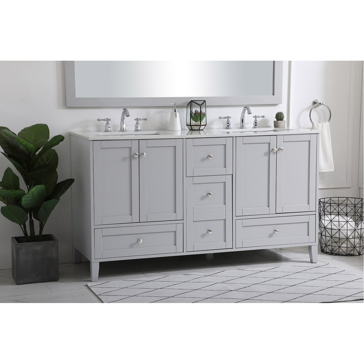 Sommerville 60 X 22 X 34 inch Grey and Brushed Nickel with Calacatta Quartz Vanity Sink Set