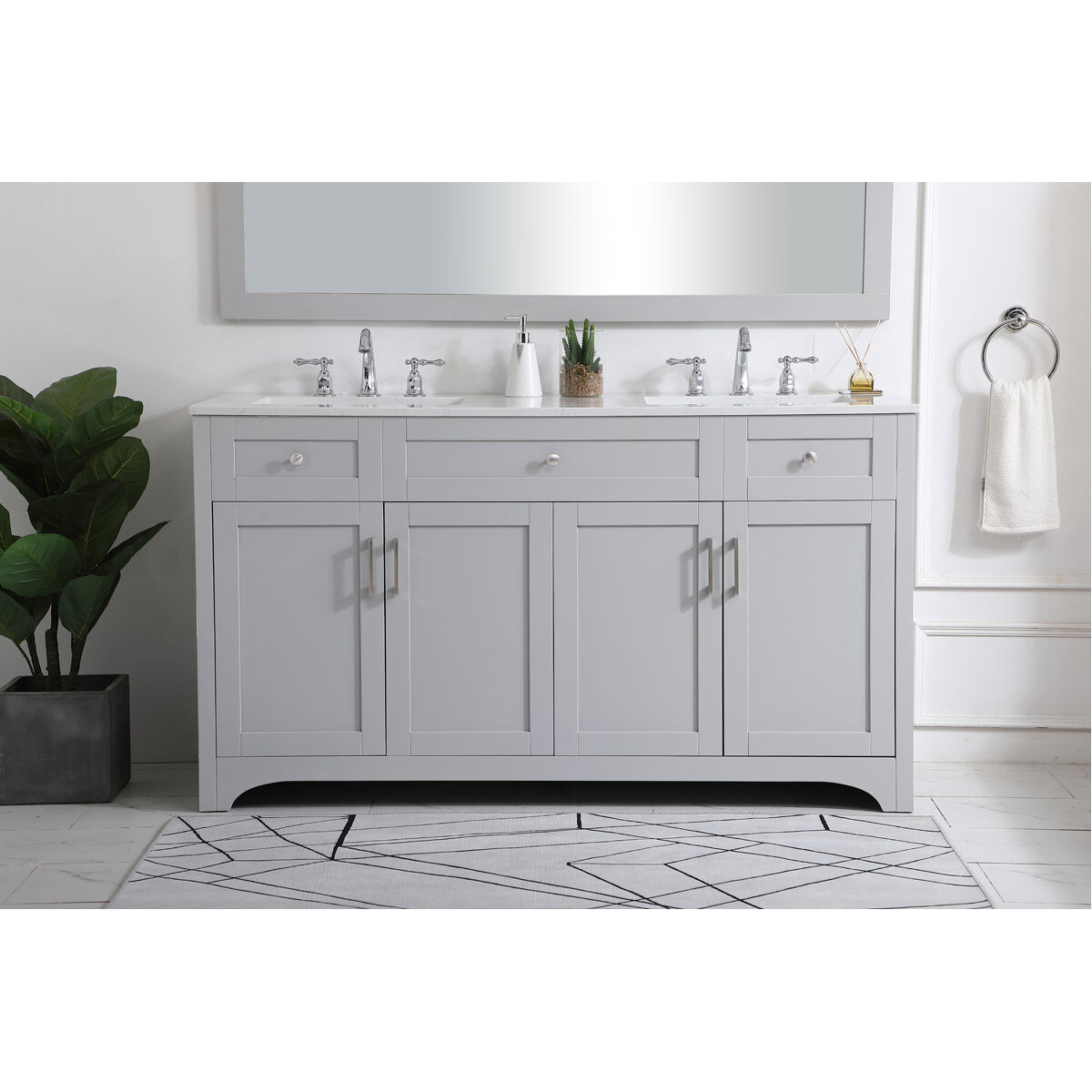 Moore 60 X 22 X 34 inch Grey and Brushed Nickel with Calacatta Quartz Vanity Sink Set