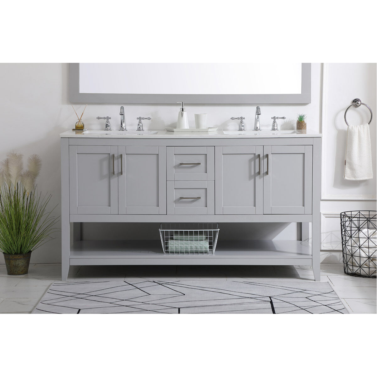 Aubrey 60 X 22 X 34 inch Grey and Brushed Nickel with Calacatta Quartz Vanity Sink Set