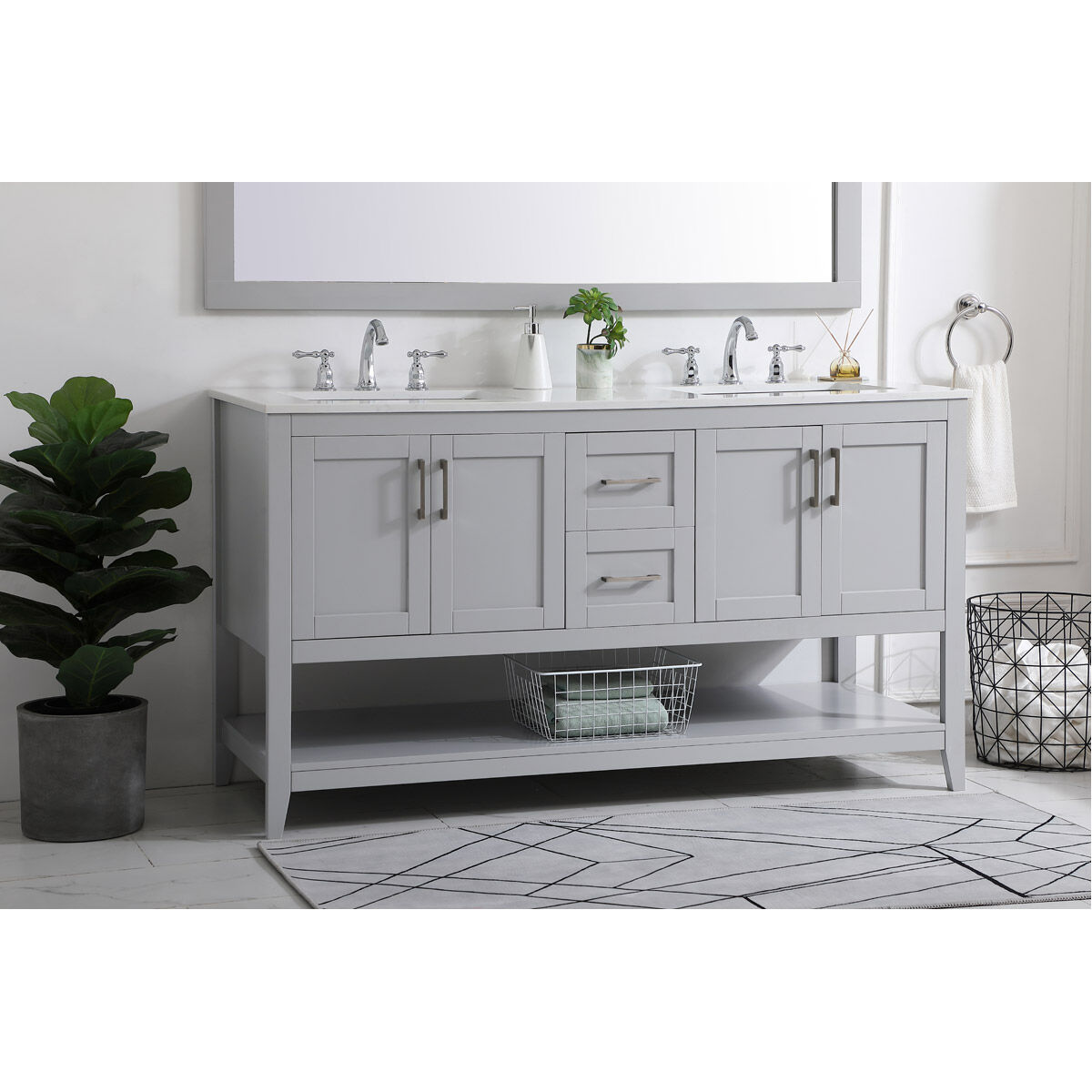 Aubrey 60 X 22 X 34 inch Grey and Brushed Nickel with Calacatta Quartz Vanity Sink Set