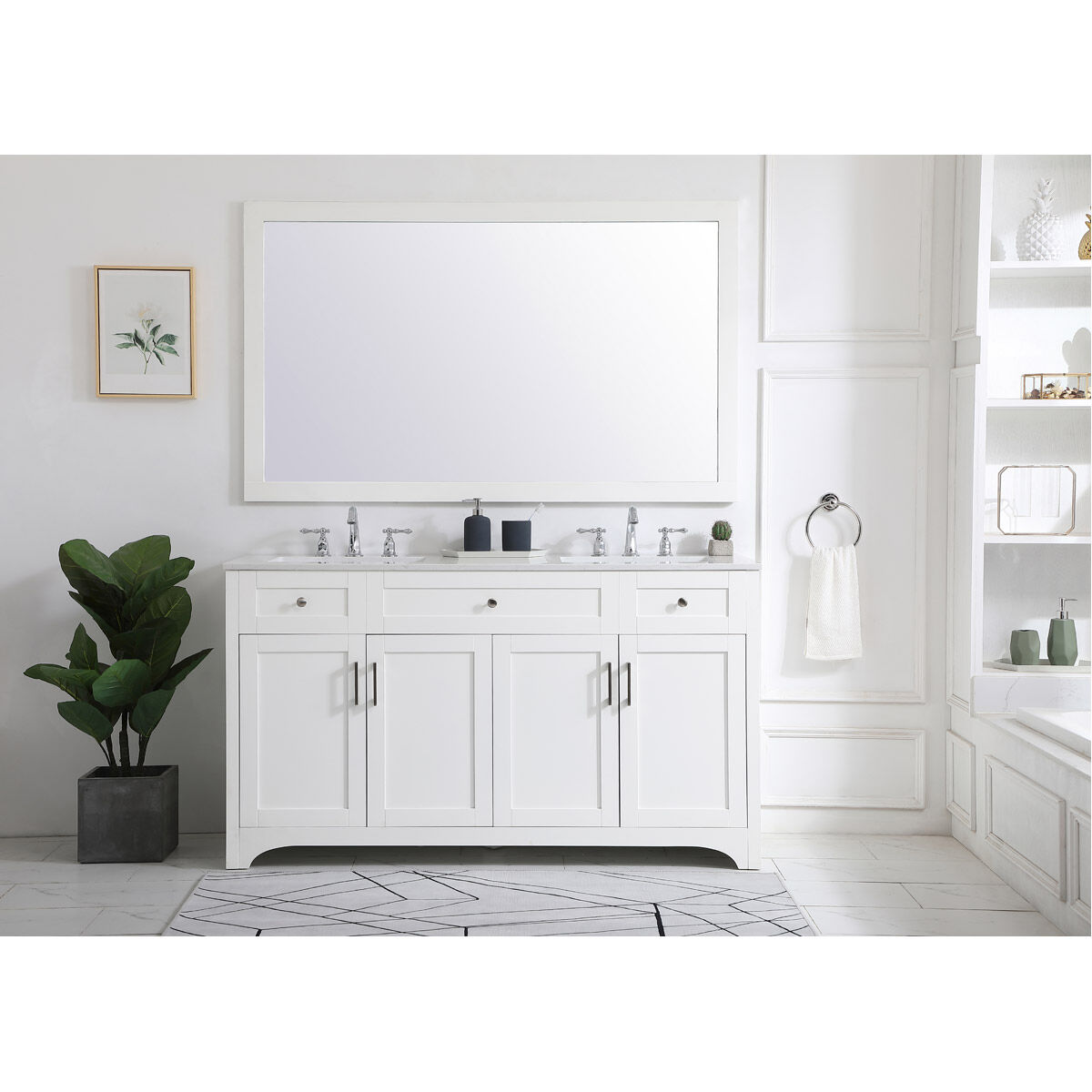 Moore 60 X 22 X 34 inch White and Brushed Nickel with Calacatta Quartz Vanity Sink Set