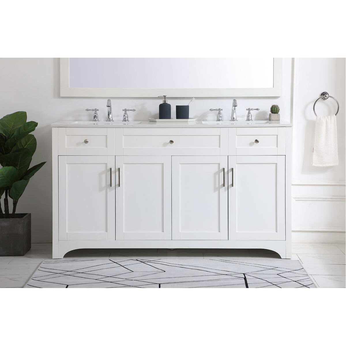 Moore 60 X 22 X 34 inch White and Brushed Nickel with Calacatta Quartz Vanity Sink Set