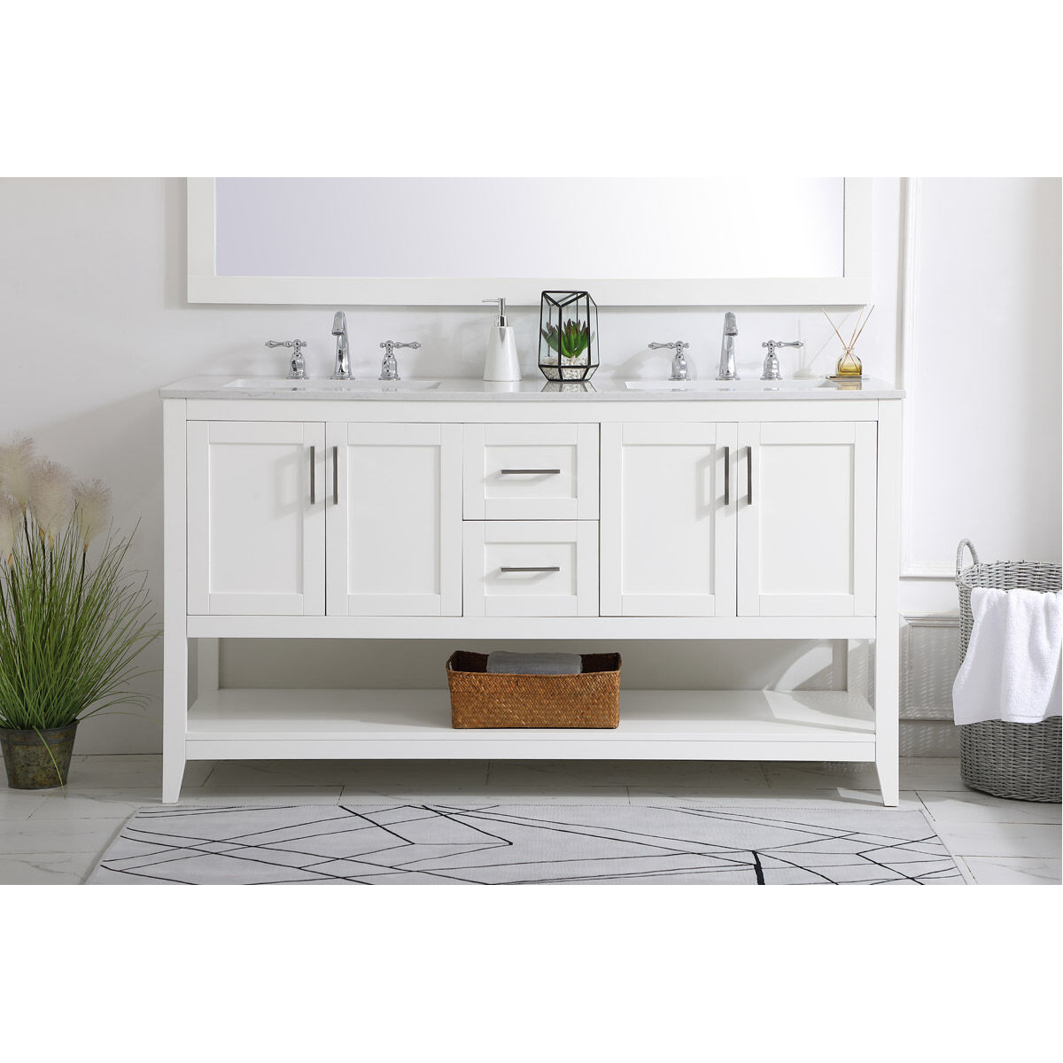 Aubrey 60 X 22 X 34 inch White and Brushed Nickel with Calacatta Quartz Vanity Sink Set